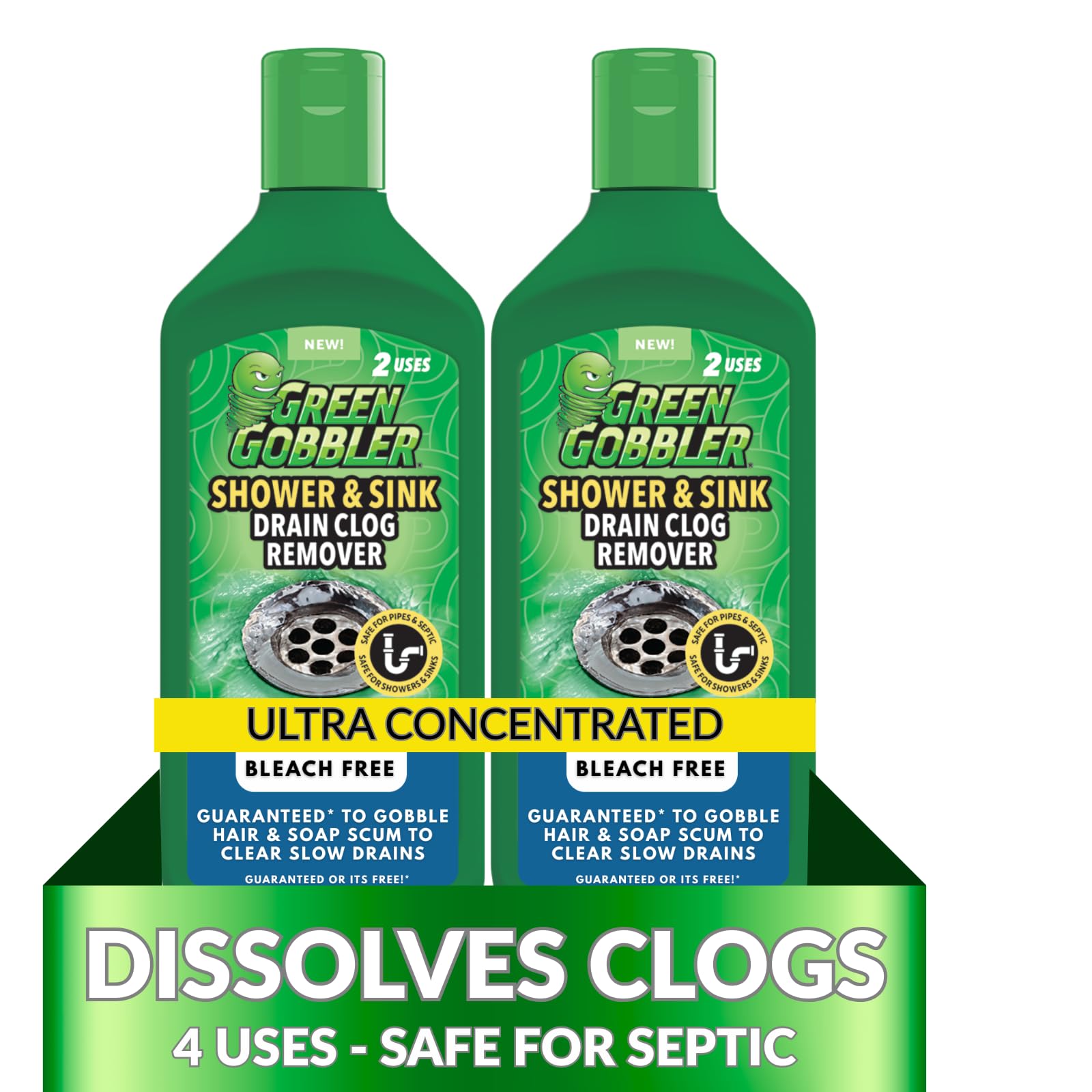 Green Gobbler Ultra Drain Cleaner bottle pouring to clear a clog