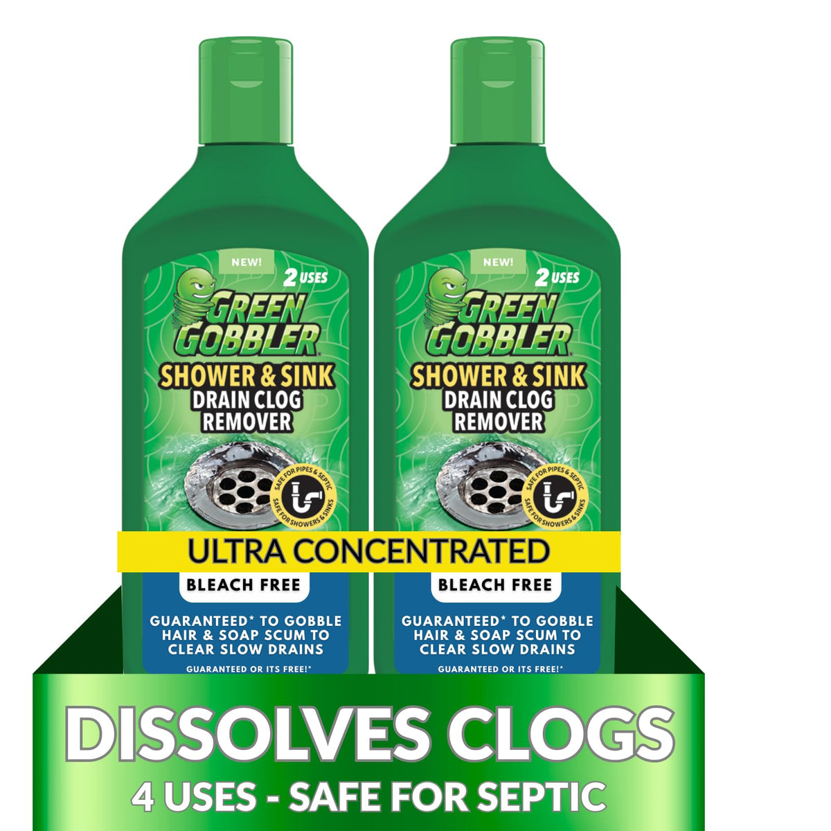 Green Gobbler Ultra Drain Cleaner bottle pouring to clear a clog