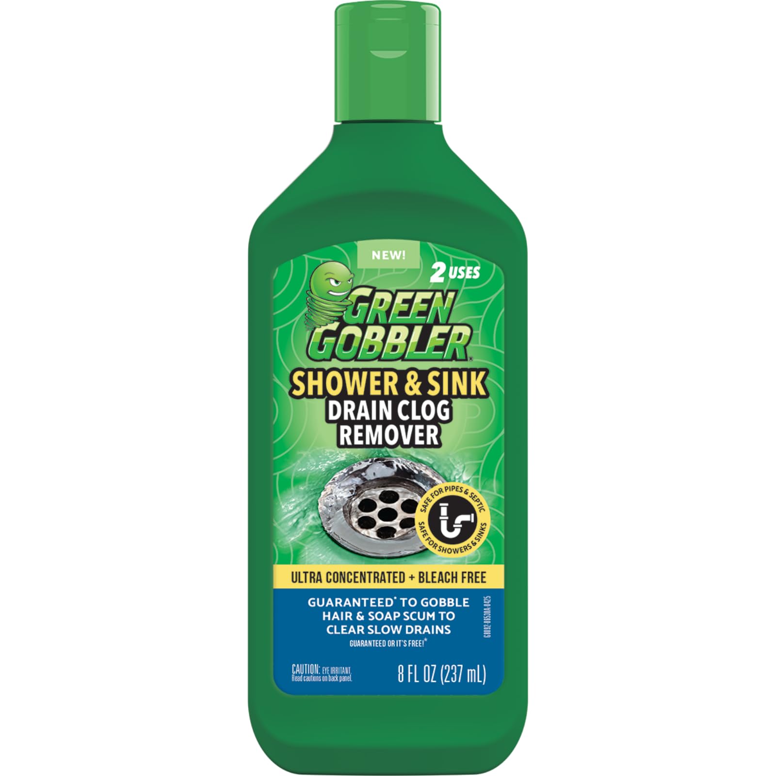 Green Gobbler Ultra Drain Remover bottle pour dissolves hair and soap scum in drains
