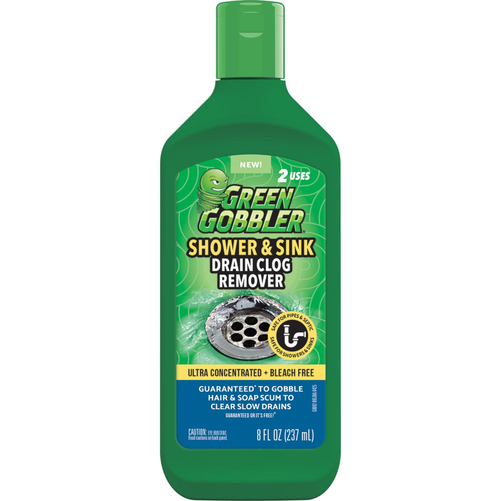 Green Gobbler Ultra Drain Remover bottle pour dissolves hair and soap scum in drains