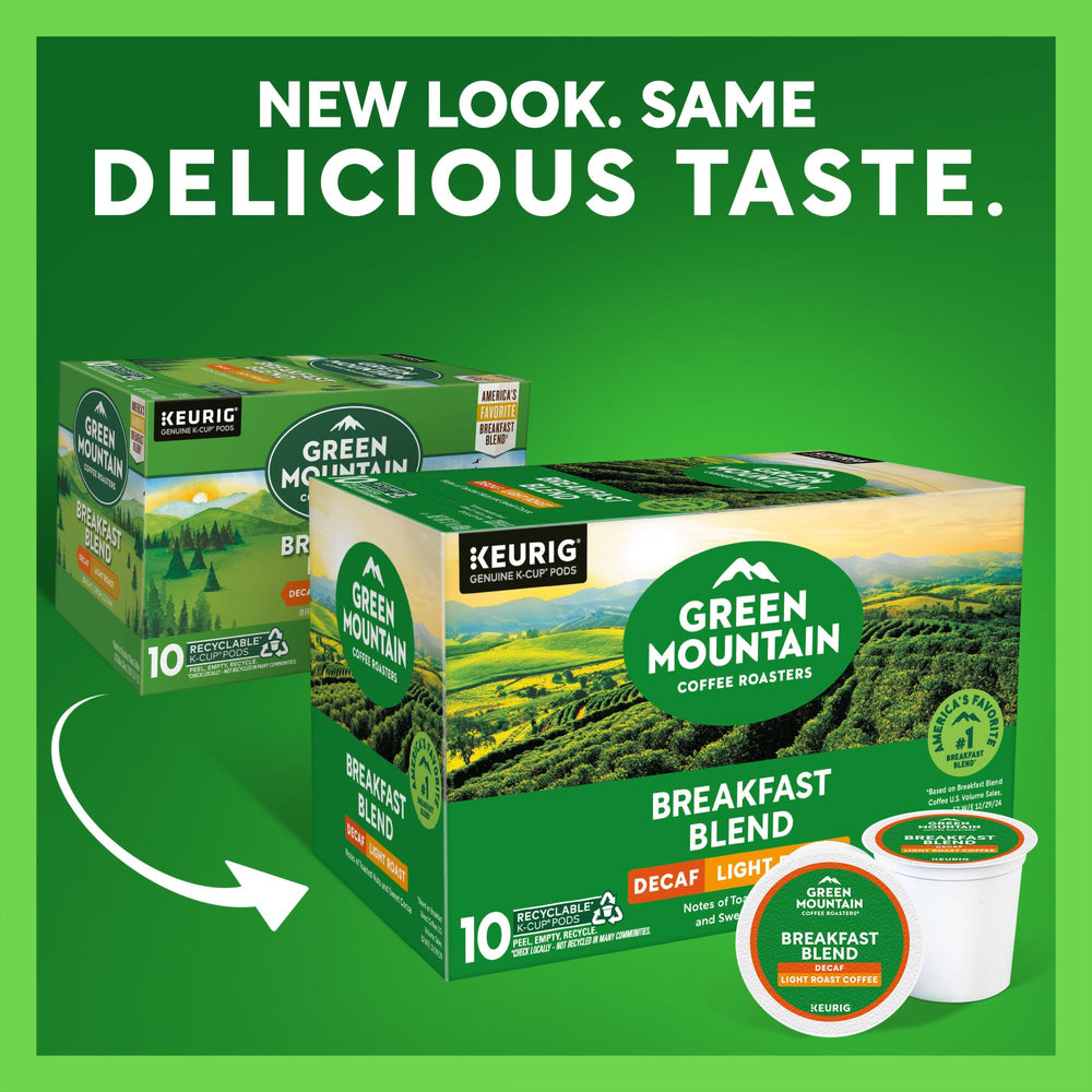 Green Mountain Breakfast Blend Decaf packaging highlights sustainability and fresh aroma.