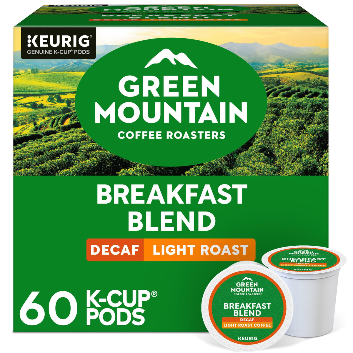 Green Mountain Breakfast Blend Decaf pod for Keurig machines with smooth, balanced flavor.