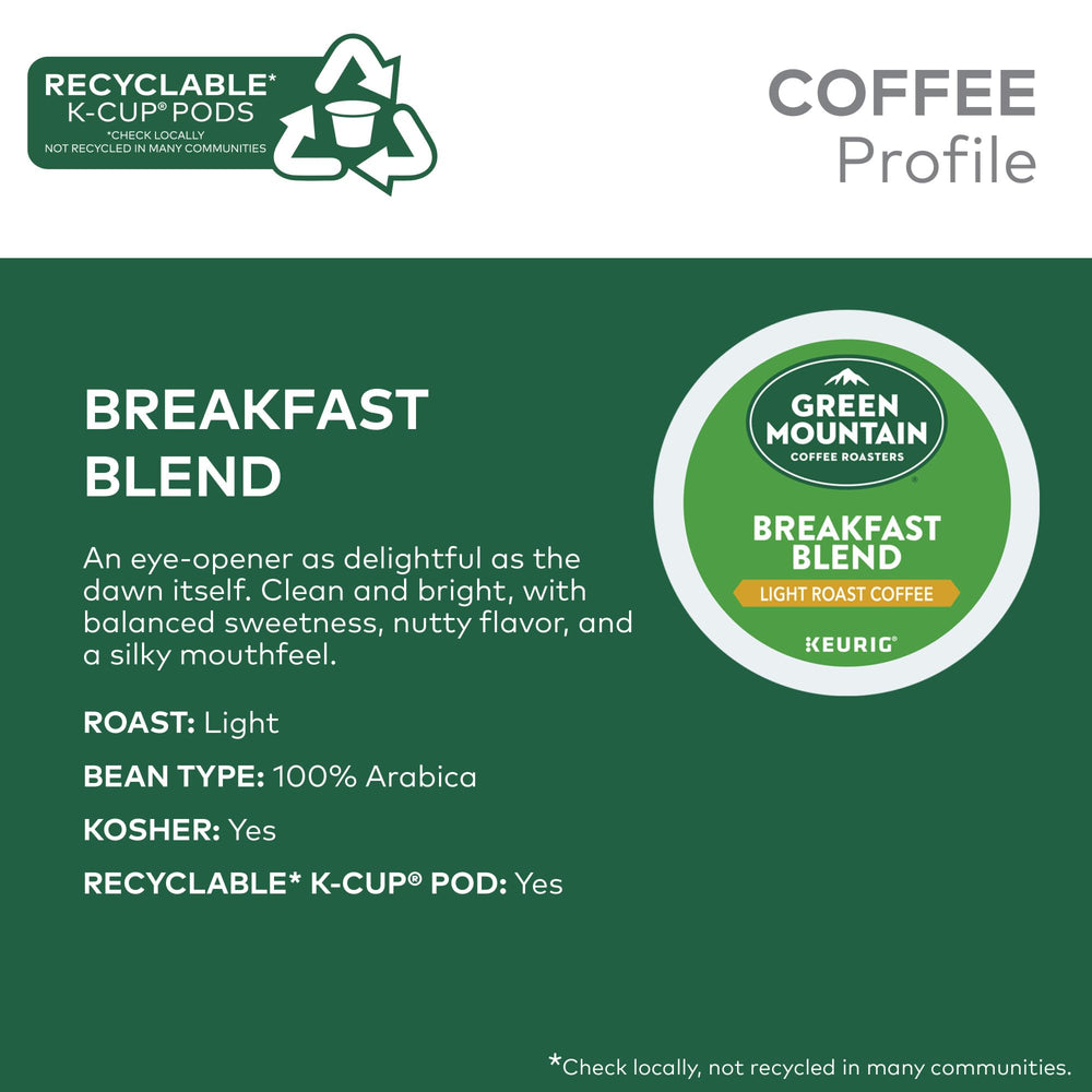 Green Mountain Breakfast Blend K-Cup pods fit Keurig brewers for easy single-serve coffee.