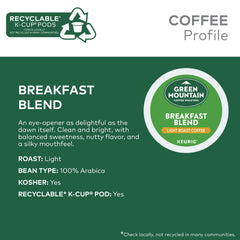 Green Mountain Breakfast Blend K-Cup pods fit Keurig brewers for easy single-serve coffee.