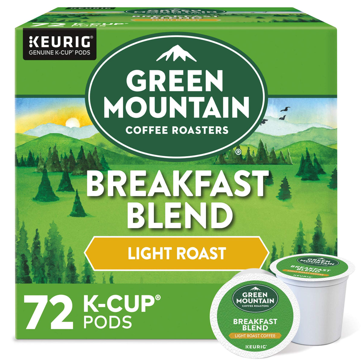 The Green Mountain Breakfast Blend K-Cup pod ready to brew for a bright morning.