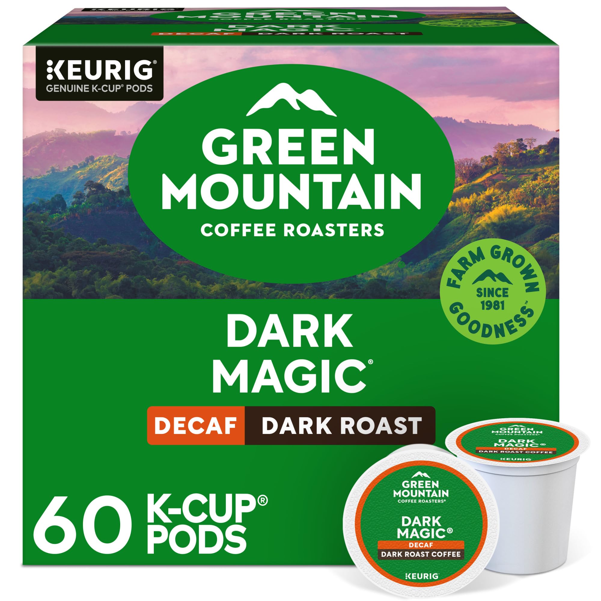 Green Mountain Dark Magic Decaf K-Cup pod ready for a bold decaf brew.