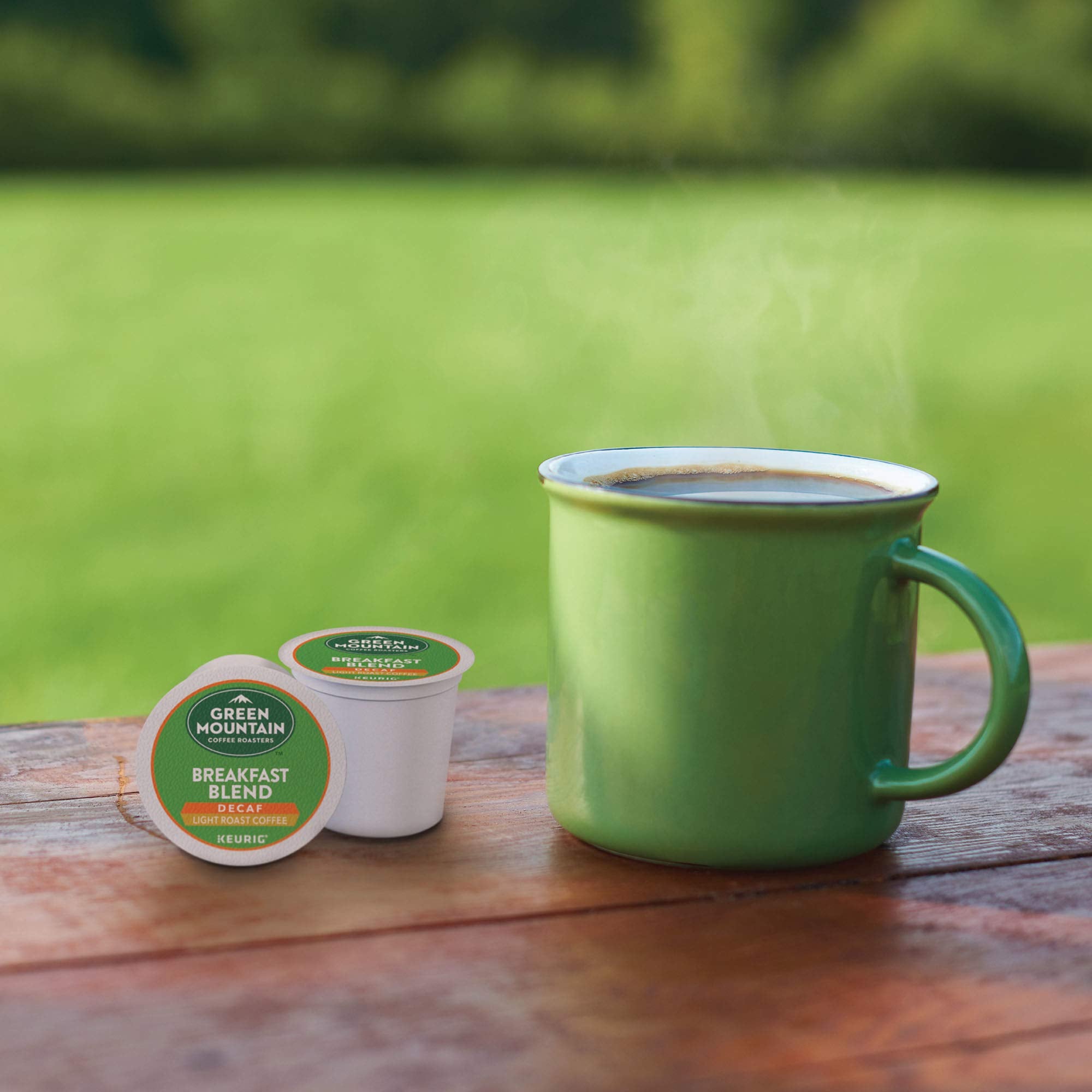 Green Mountain ground coffee closeup reveals fresh grounds and aroma.