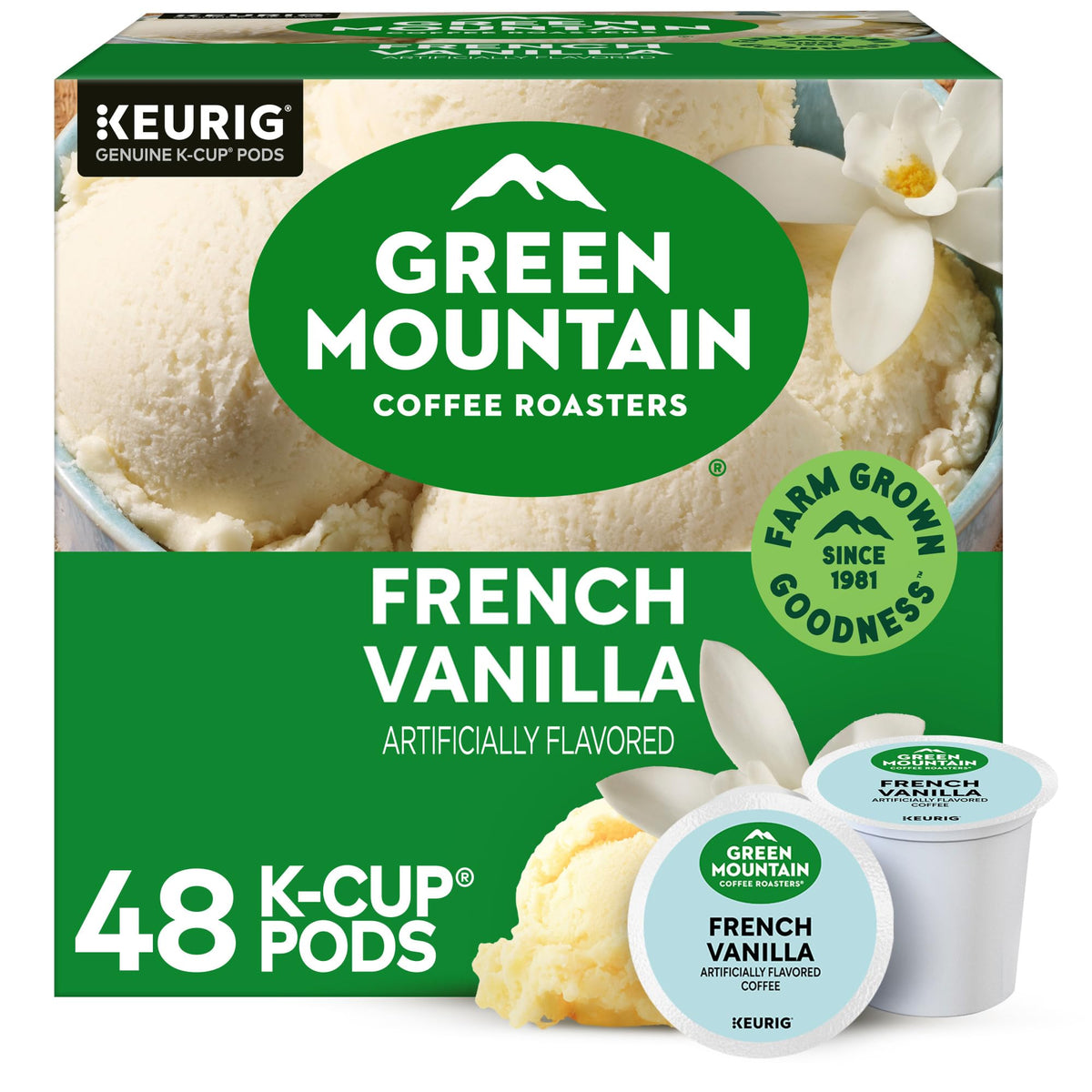 Green Mountain Coffee Roasters French Vanilla K-Cup pod for a smooth morning brew.