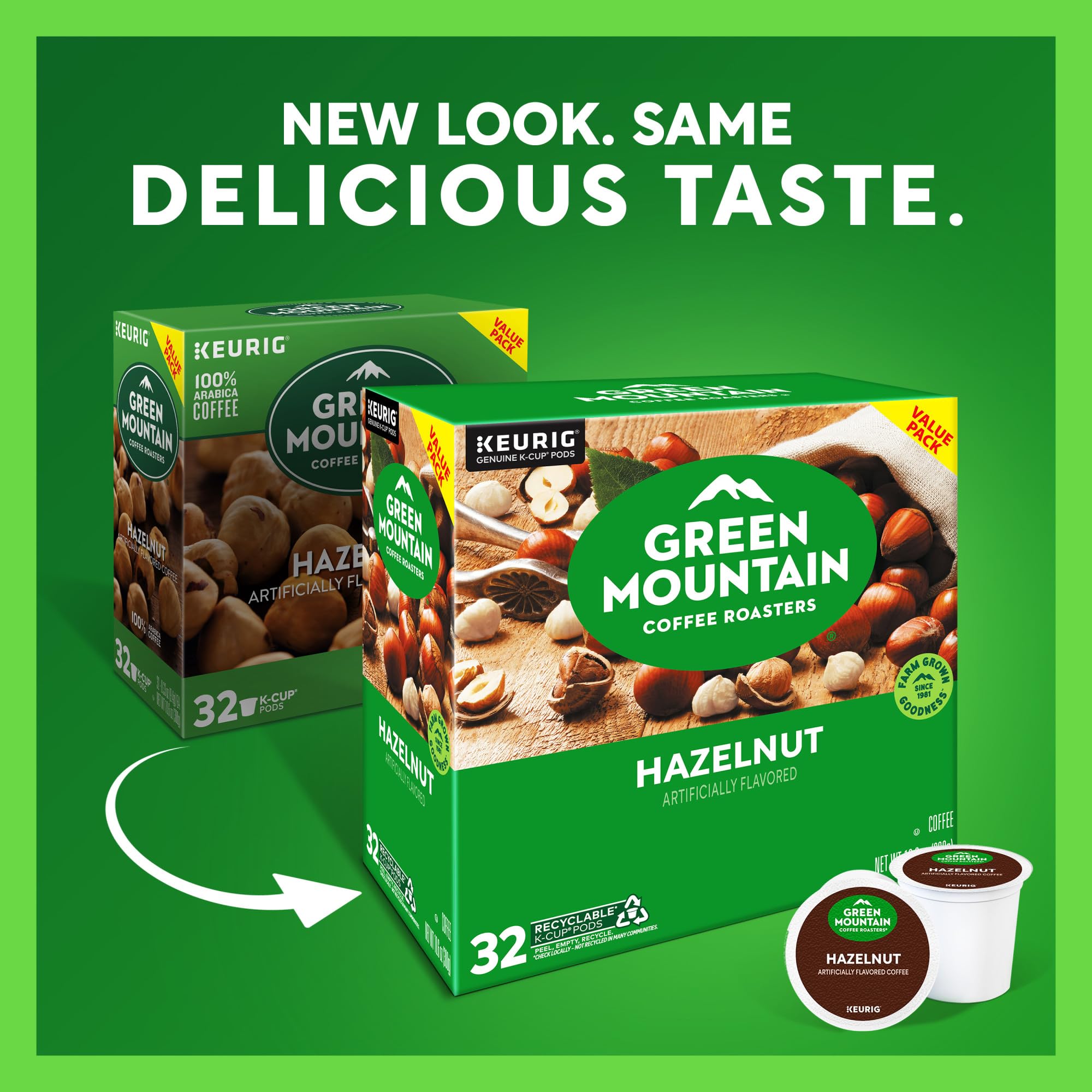 Green Mountain Hazelnut K-Cup pouring into a mug with rich aroma