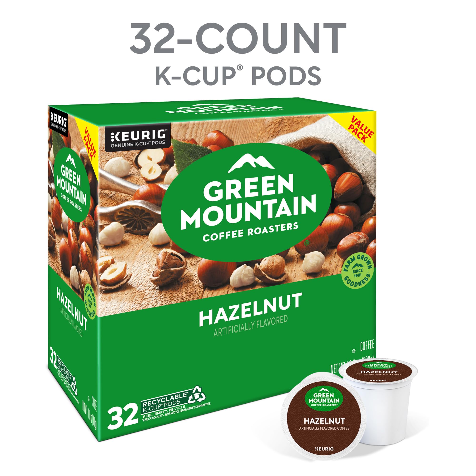 Green Mountain Coffee Roasters K-Cup packaging for hazelnut flavor