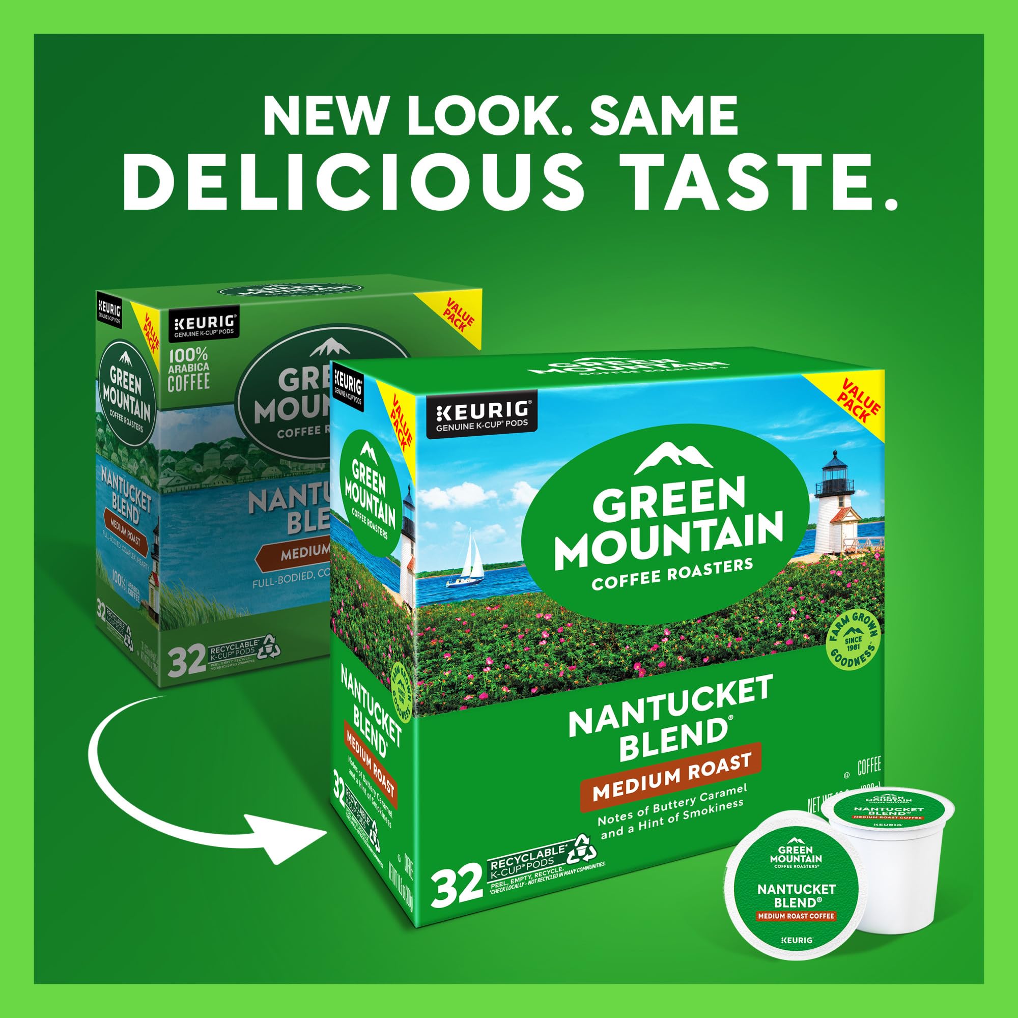 Green Mountain Nantucket Blend box front displaying bold branding for quick recognition and selection.