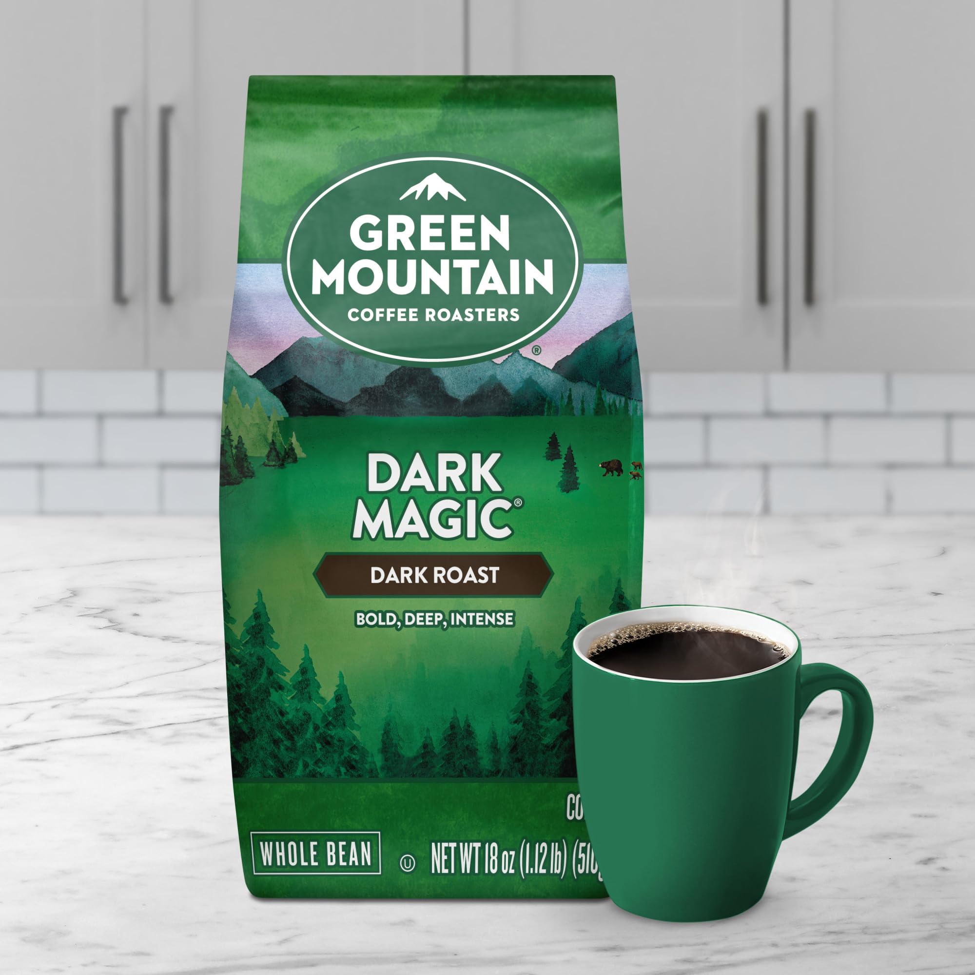 Green Mountain Dark Magic coffee beans macro shot highlighting the deep roast texture.