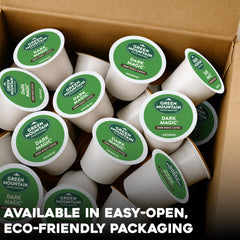 Green Mountain Dark Magic coffee brew in a single-serve cup.