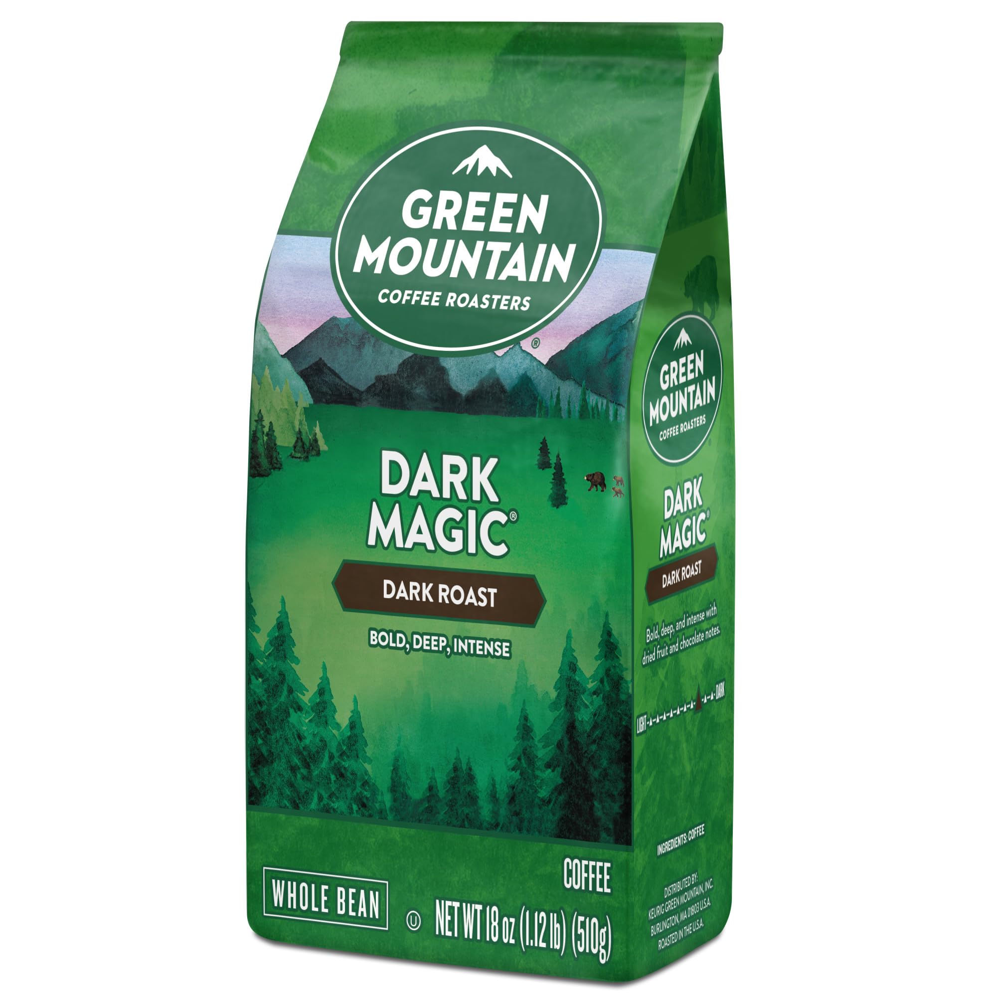 Green Mountain Dark Magic dark roast beans ready for grinding for intense brew.