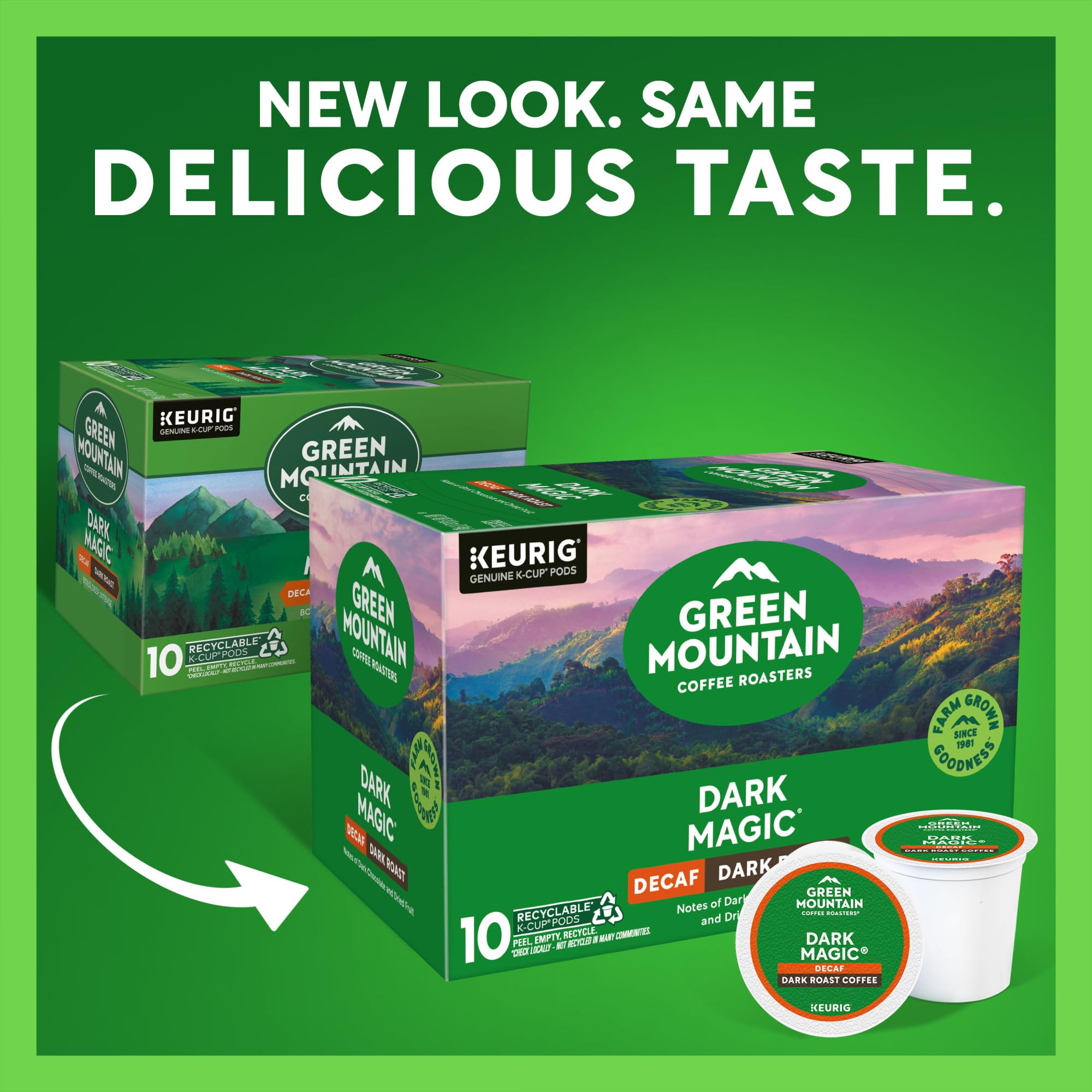 Green Mountain Dark Magic Decaf brews a rich evening cup.