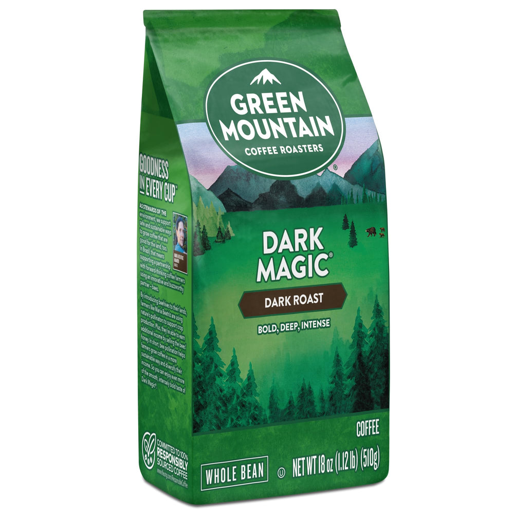 Green Mountain Dark Magic tasting notes card suggesting dried fruit and chocolate flavors.