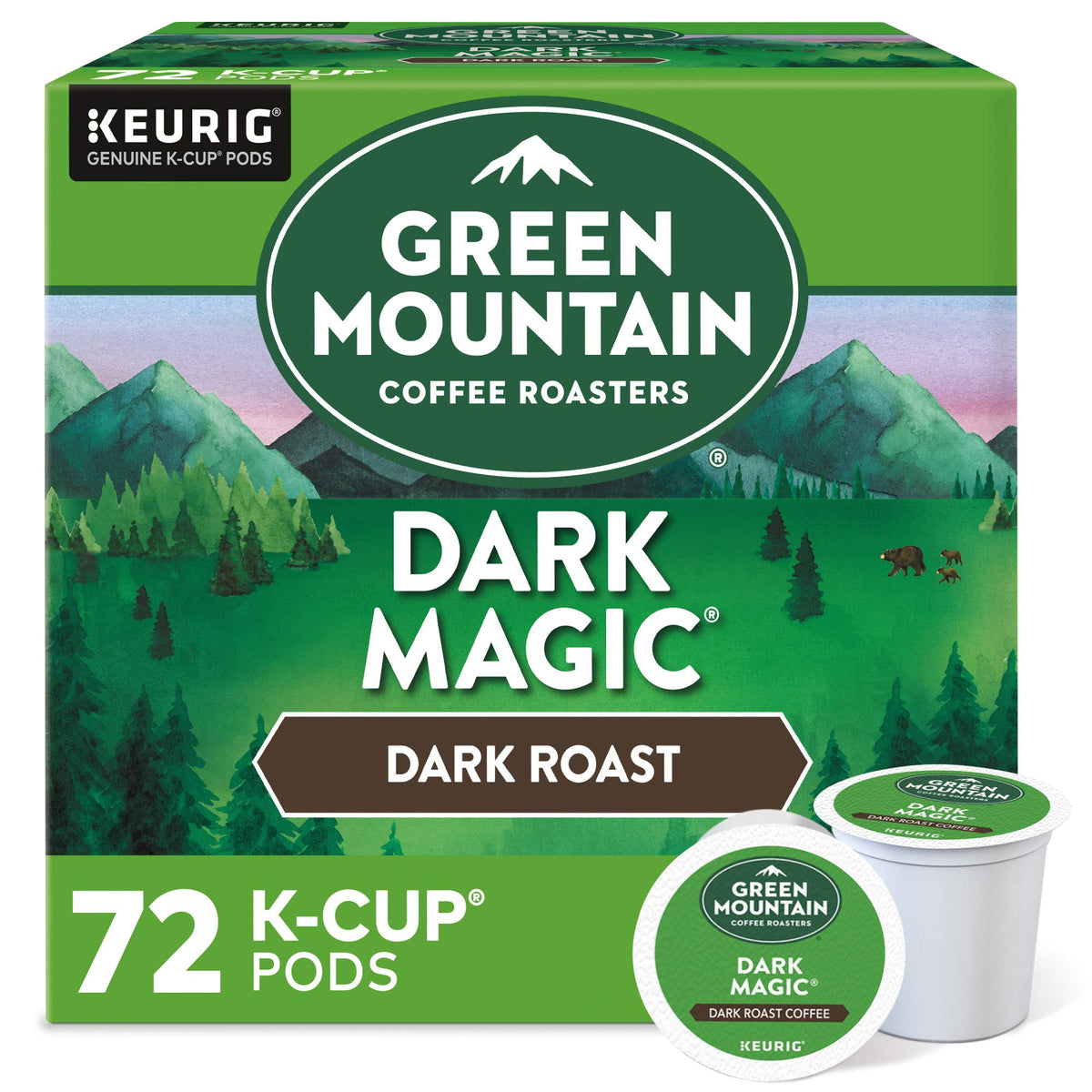 Green Mountain Dark Magic Keurig pods brewing a bold morning cup.