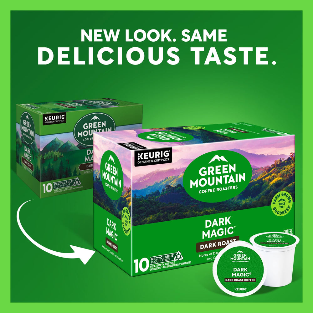 Green Mountain Dark Magic pods closeup showing rich dark roast aroma