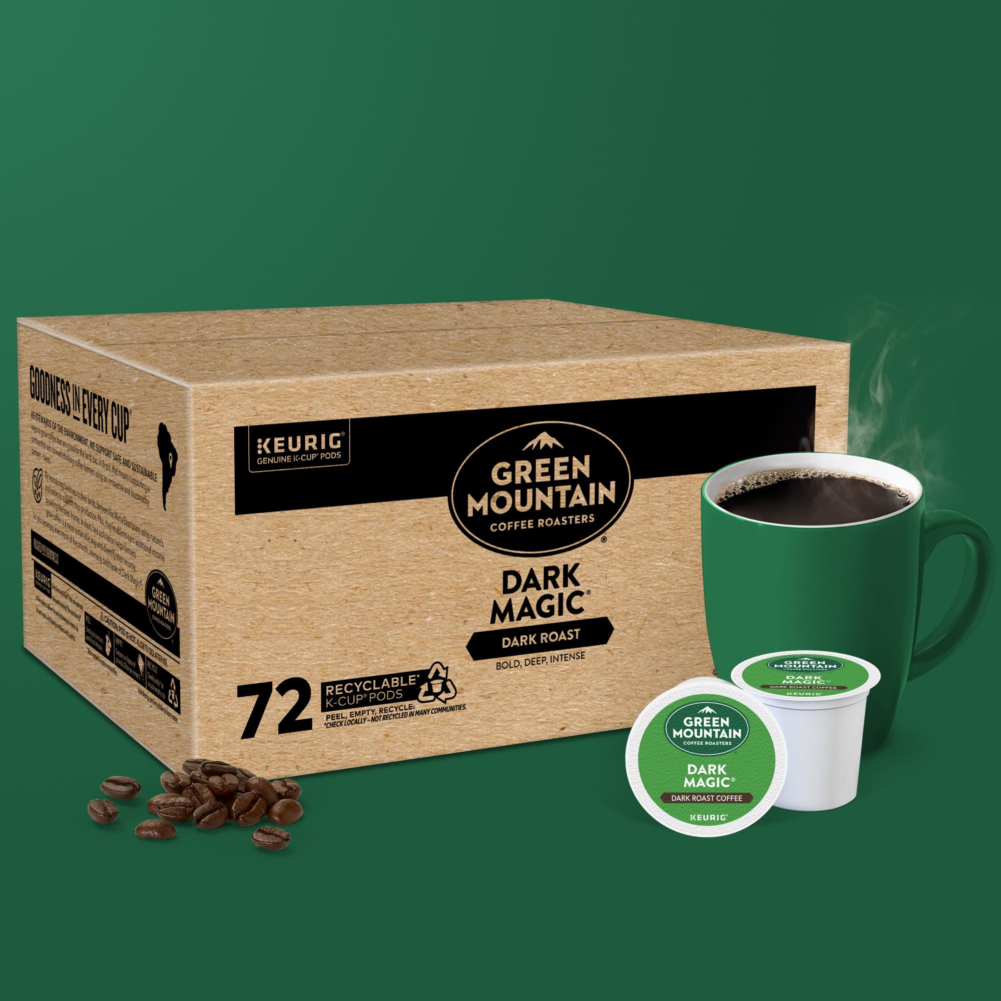 Green Mountain Dark Magic bold, full-bodied profile for mornings.