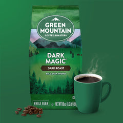 Green Mountain Dark Magic whole bean close up showing glossy beans for rich flavor.