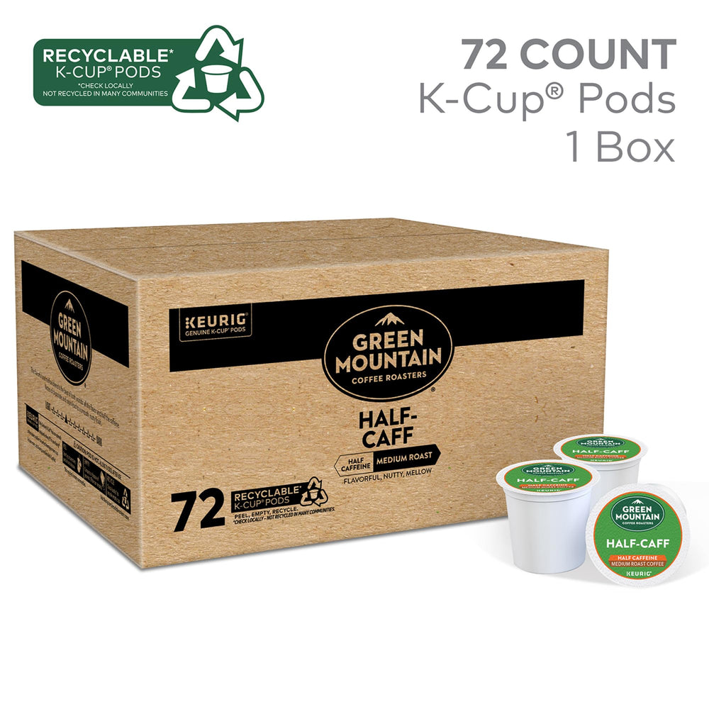 Green Mountain Half Caff Arabica beans close-up highlighting quality and aroma.