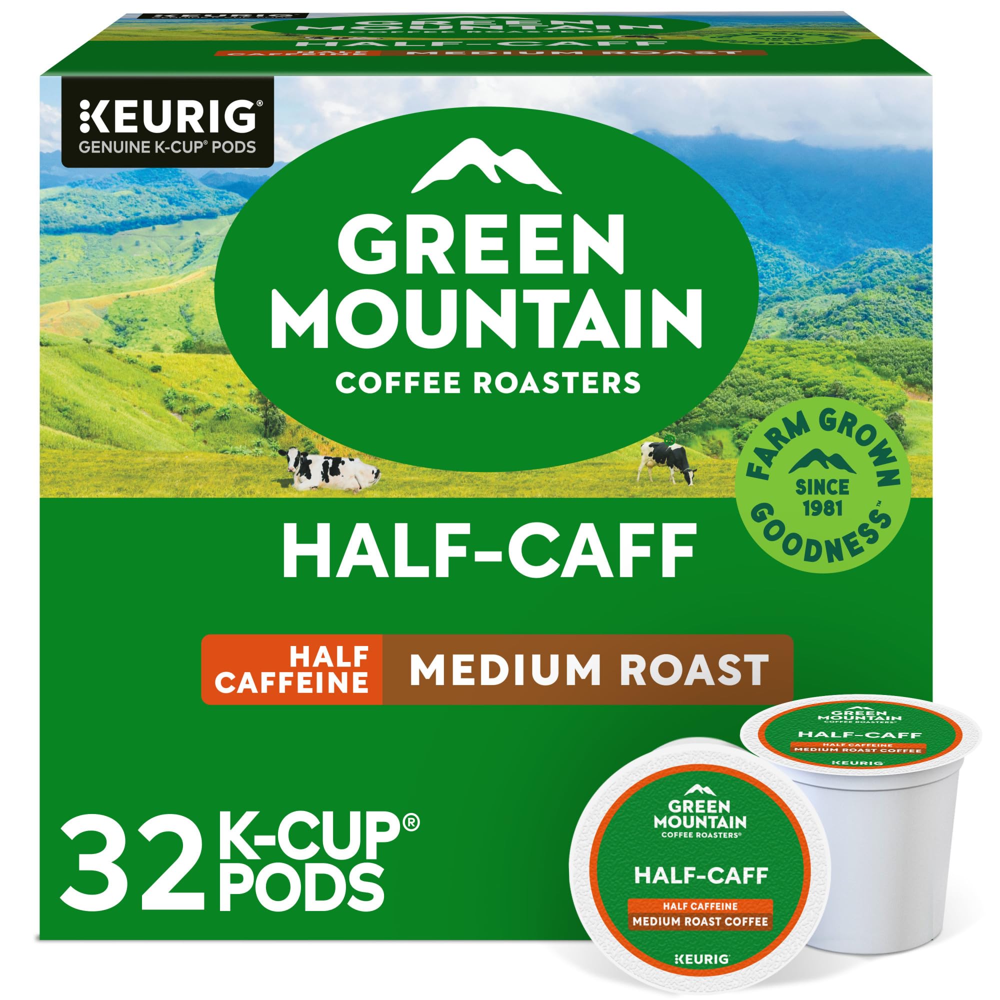 Green Mountain Half Caff K-Cup pod ready for a quick morning brew.