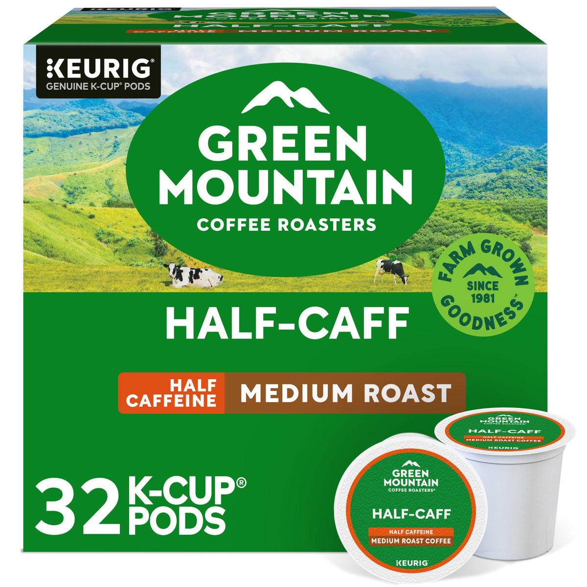 Green Mountain Half Caff K-Cup pod ready for a quick morning brew.