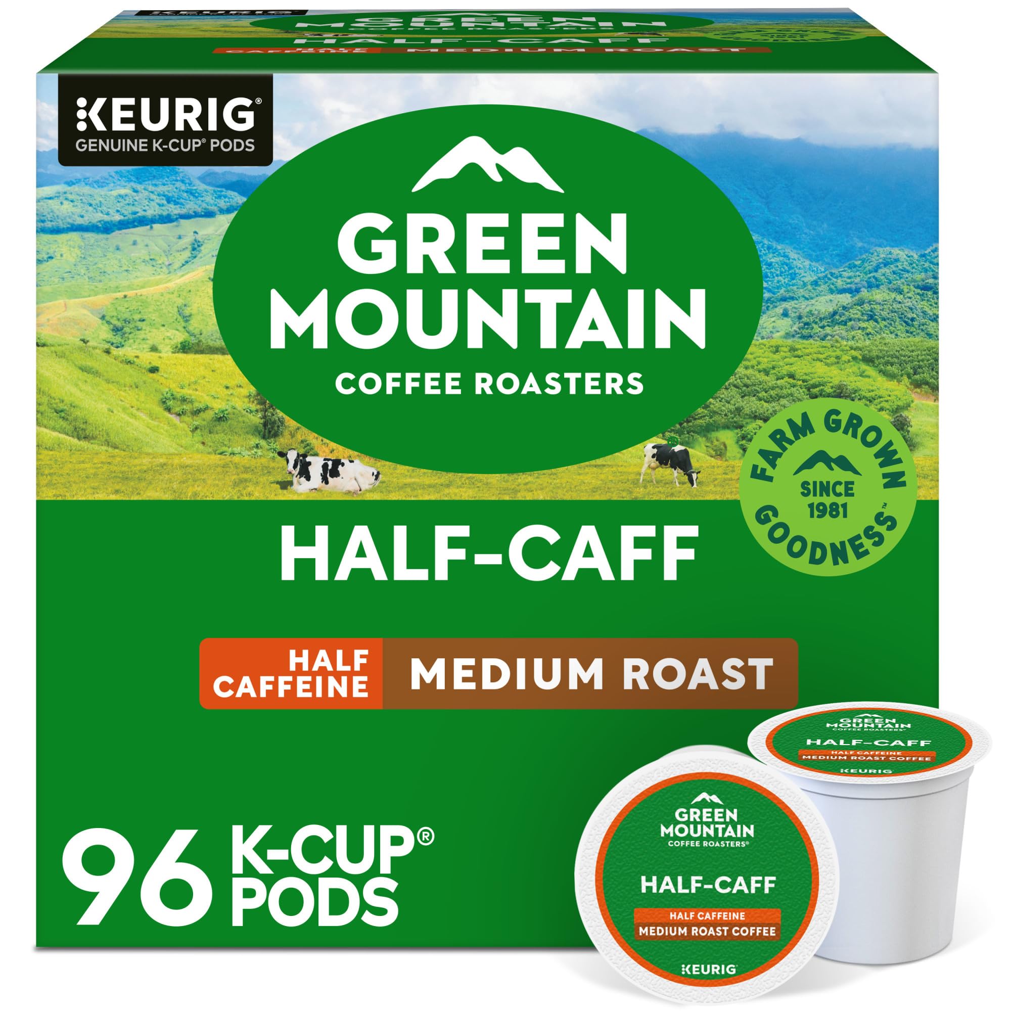 Green Mountain Half Caff K-Cup pods; balanced flavor and smoother caffeine