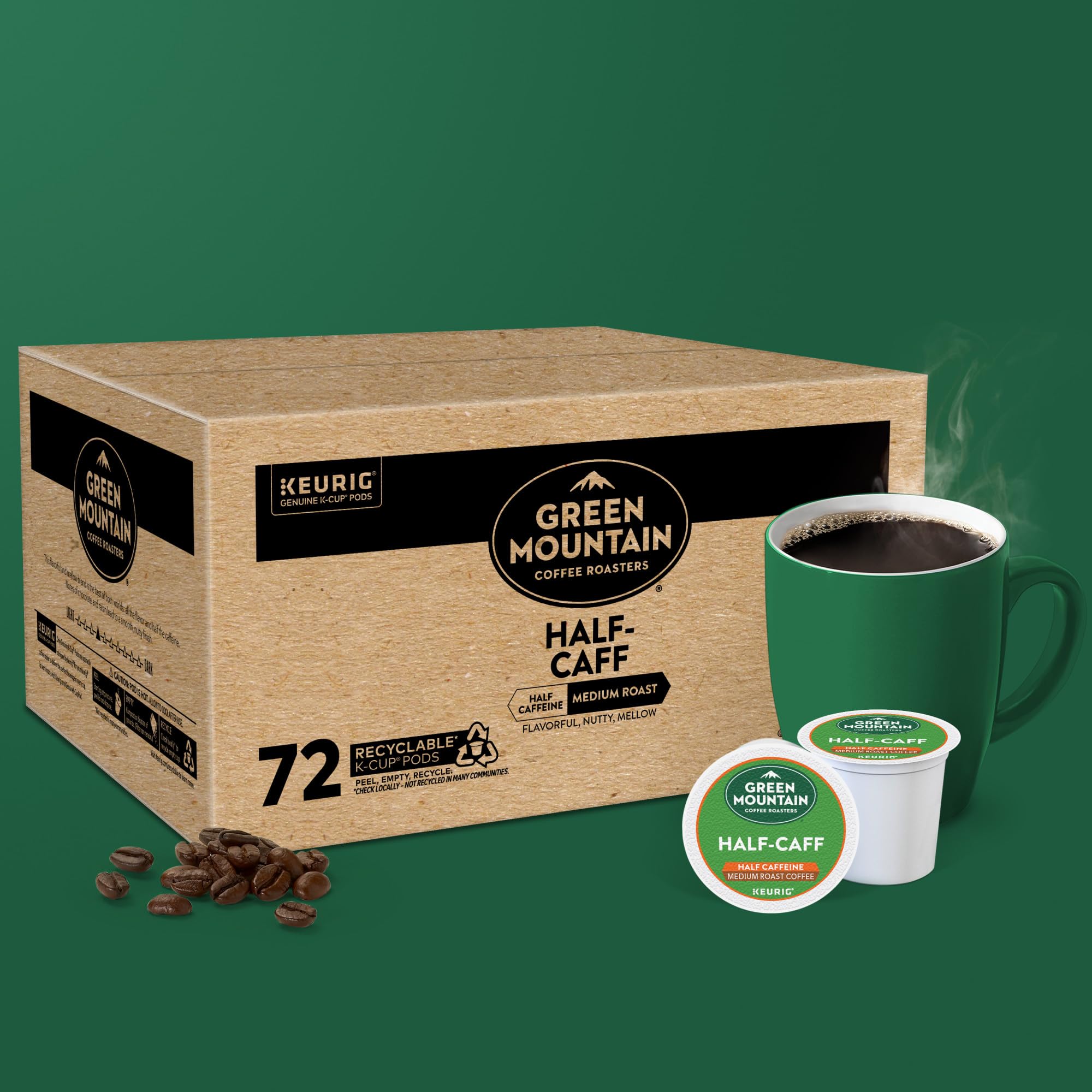 Keurig compatibility with Green Mountain Half Caff K-Cup pods for easy brewing.