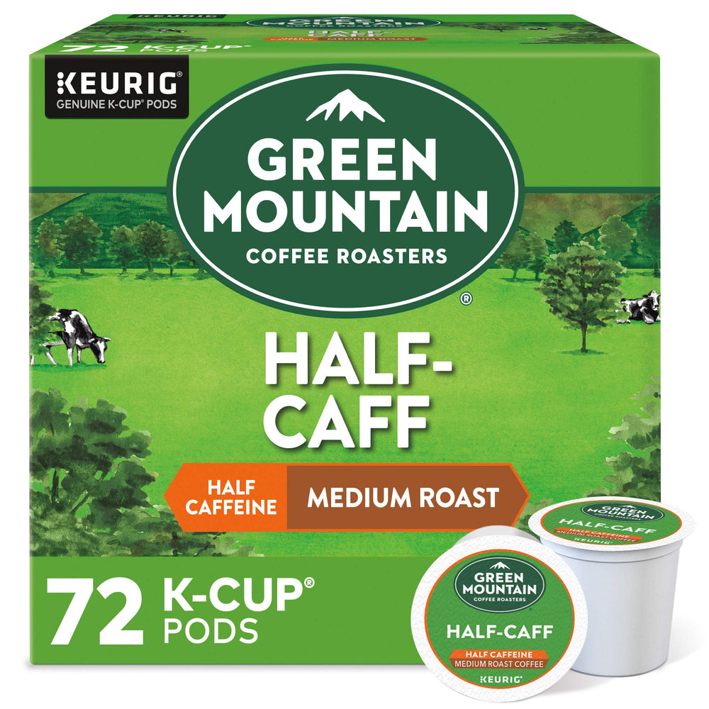 Green Mountain Half Caff Keurig pod front view for a convenient morning brew.