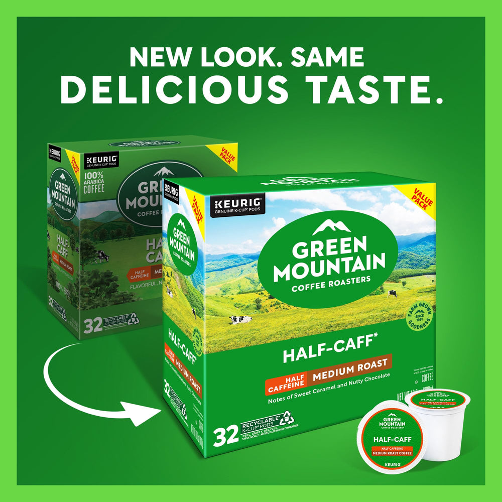 Green Mountain Half Caff box packaging highlights the 32-count box.