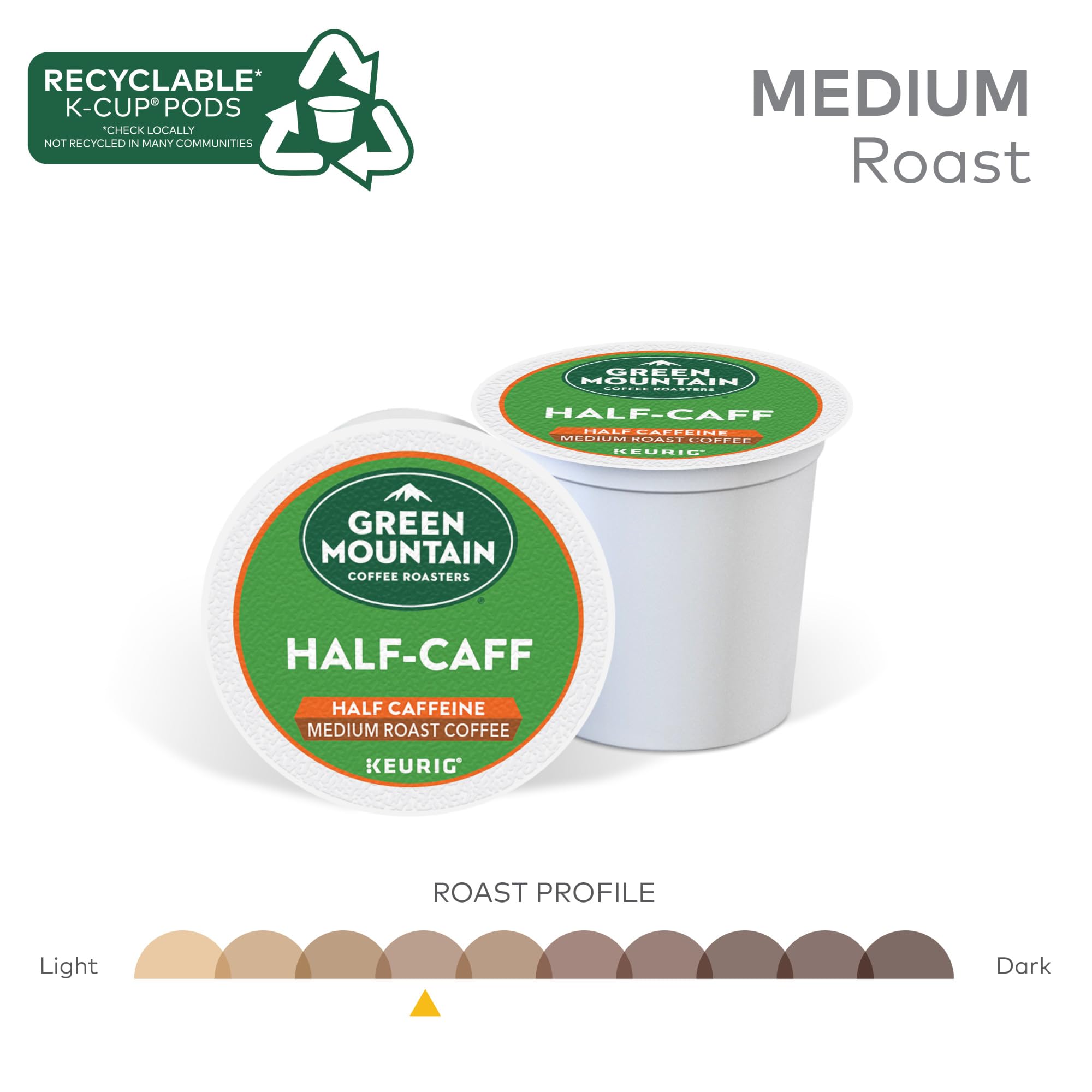 Green Mountain packaging stack featuring the Half Caff line for quick shopping.
