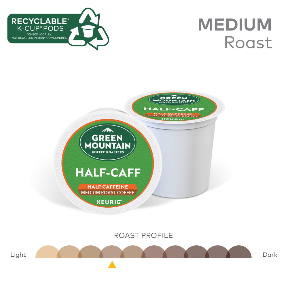 Green Mountain packaging stack featuring the Half Caff line for quick shopping.
