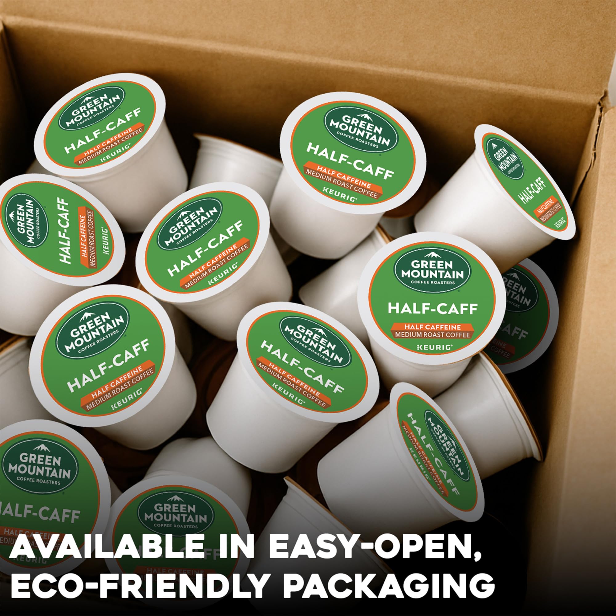 Steaming cup of Green Mountain Half Caff shows a smooth, balanced flavor.