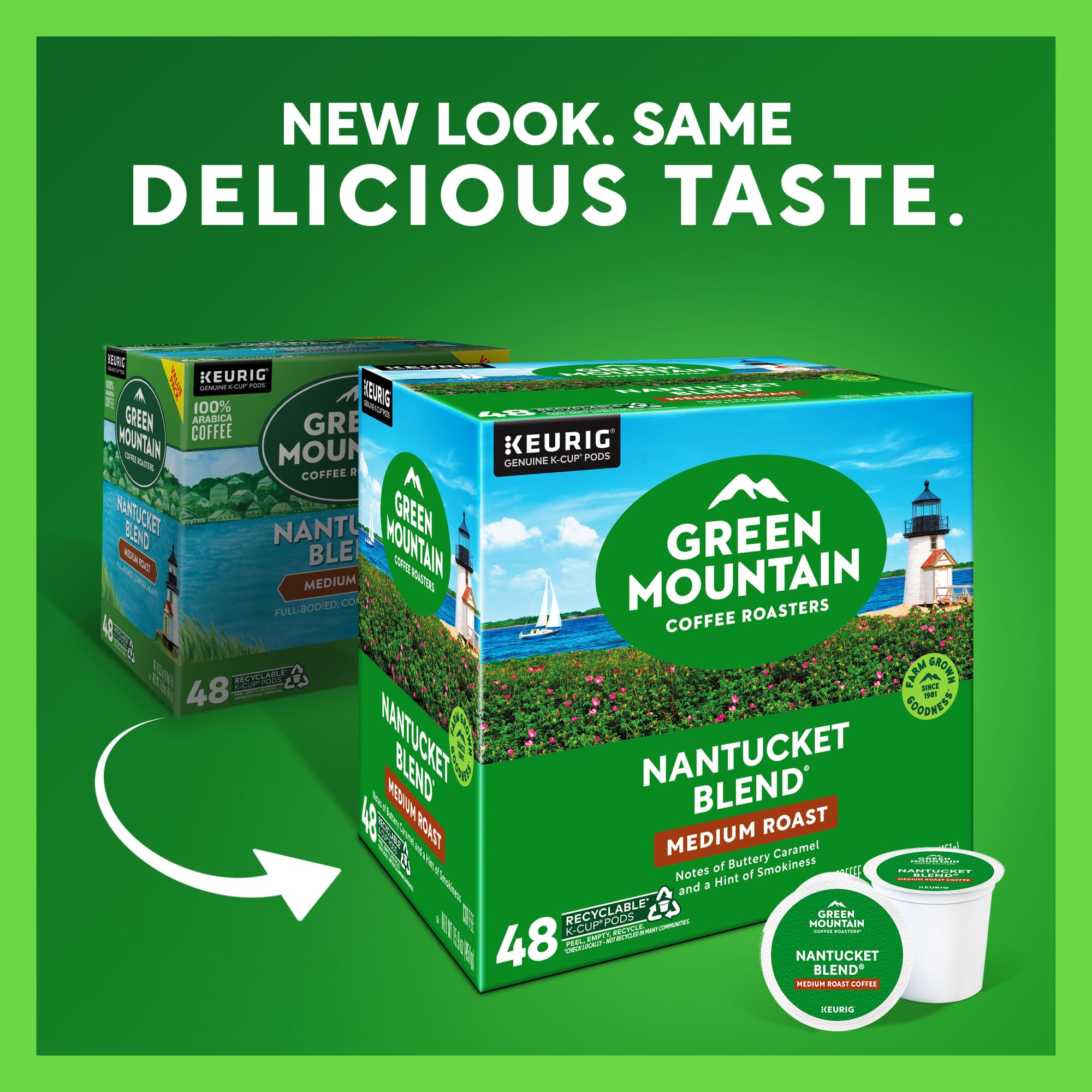Green Mountain Nantucket Blend packaging displays 48-count ease for daily use.