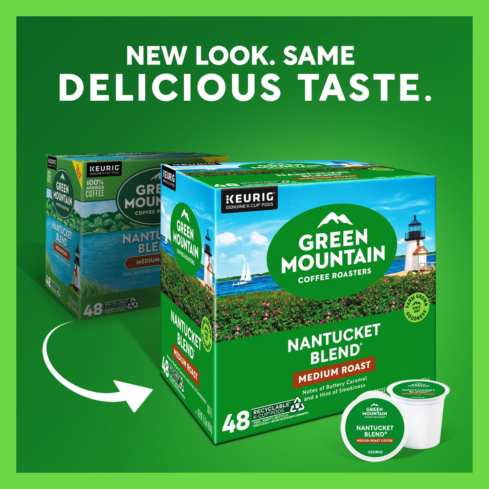 Green Mountain Nantucket Blend packaging displays 48-count ease for daily use.