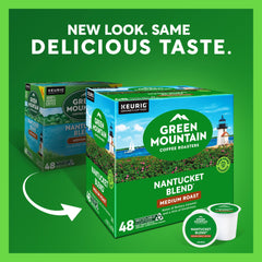 Green Mountain Nantucket Blend packaging displays 48-count ease for daily use.