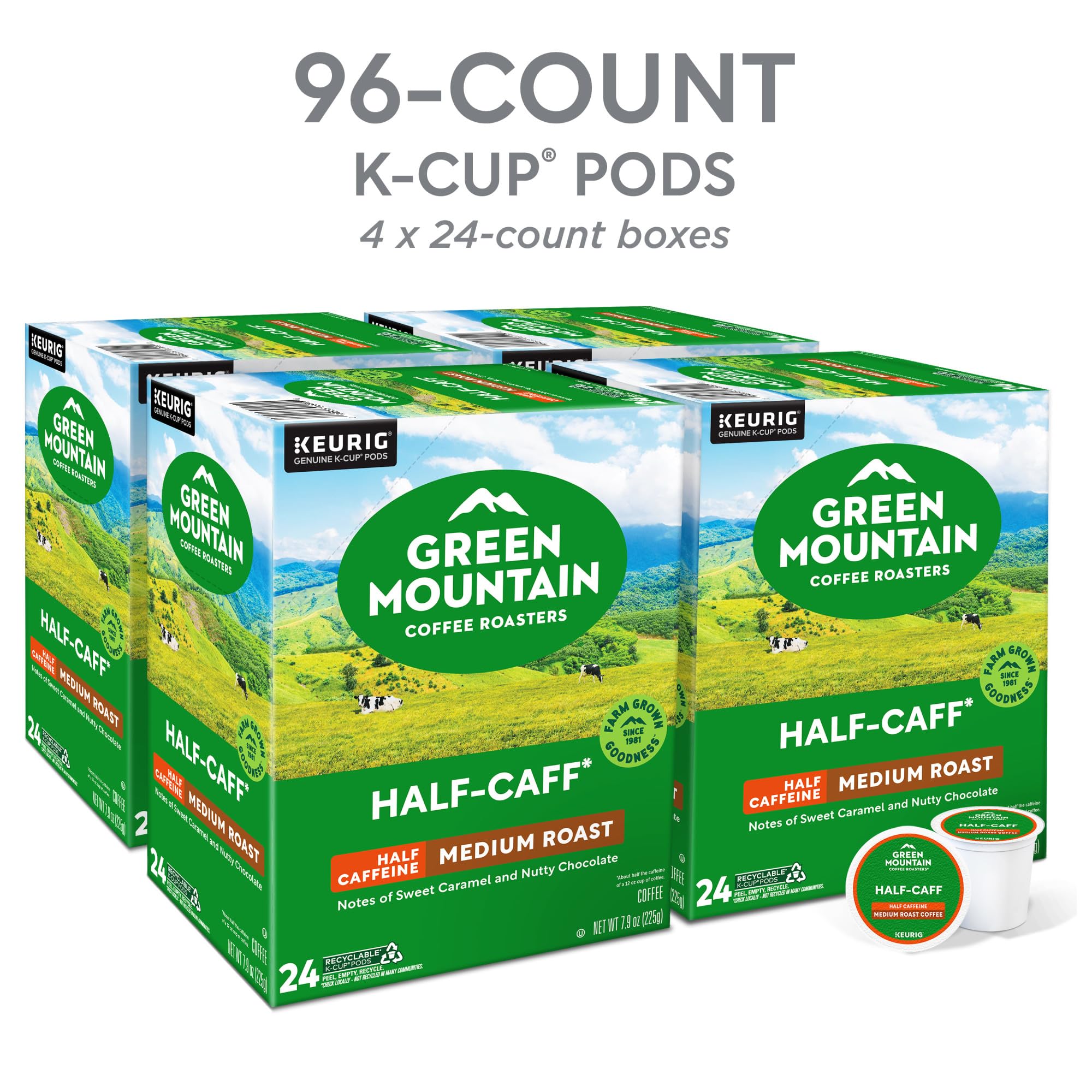 Green Mountain Half Caff packaging shows 96-count box for home use