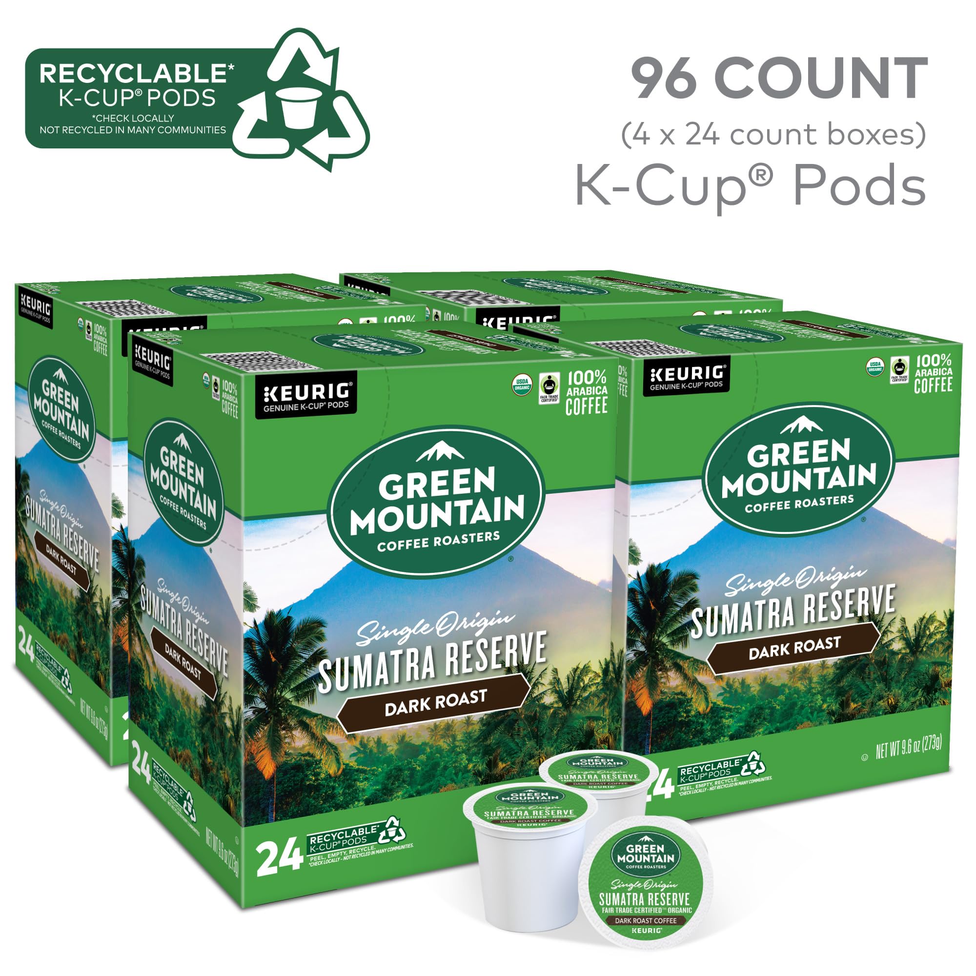 Green Mountain Sumatra Reserve dark roast pod offers rich aroma and depth.