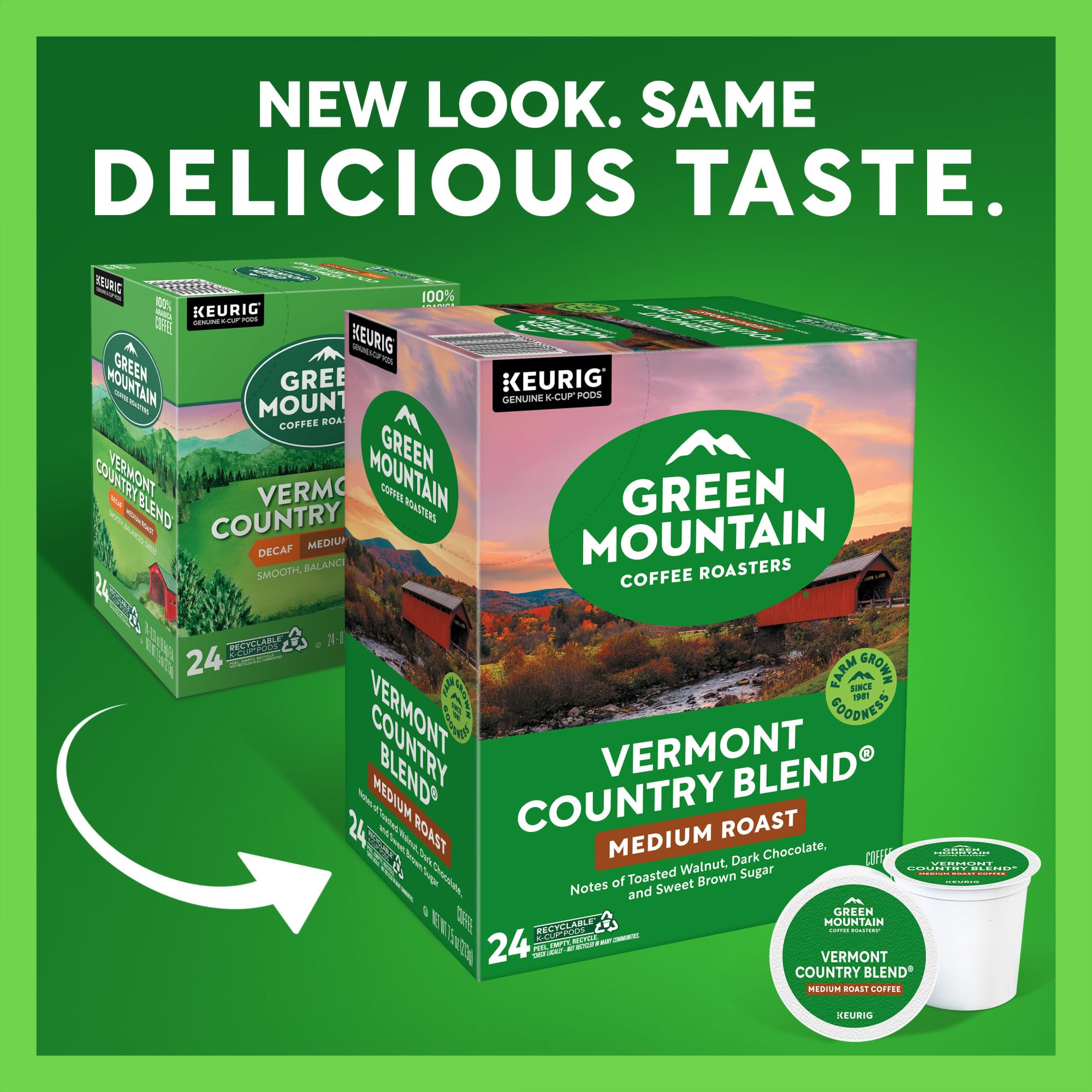 Green Mountain Vermont Country Blend K-Cup Brew highlighting smooth, mellow notes
