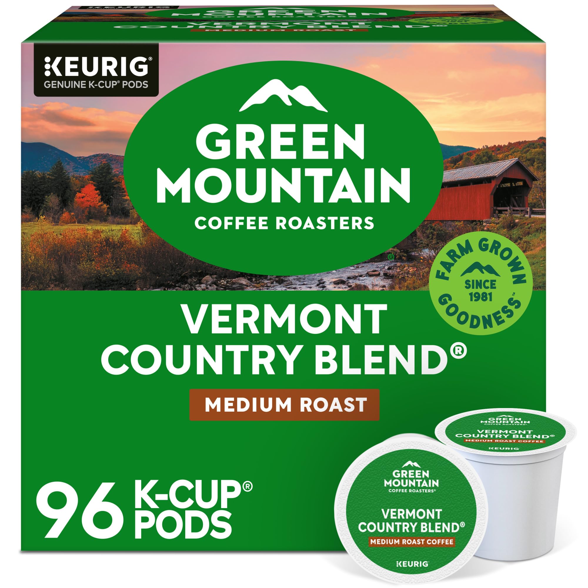 Green Mountain Vermont Country Blend K-Cup Pod showing balanced flavor for versatile mornings