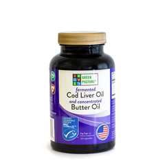 Green Pasture bottle pour of fermented cod liver oil and butter oil blend for daily nutrition.