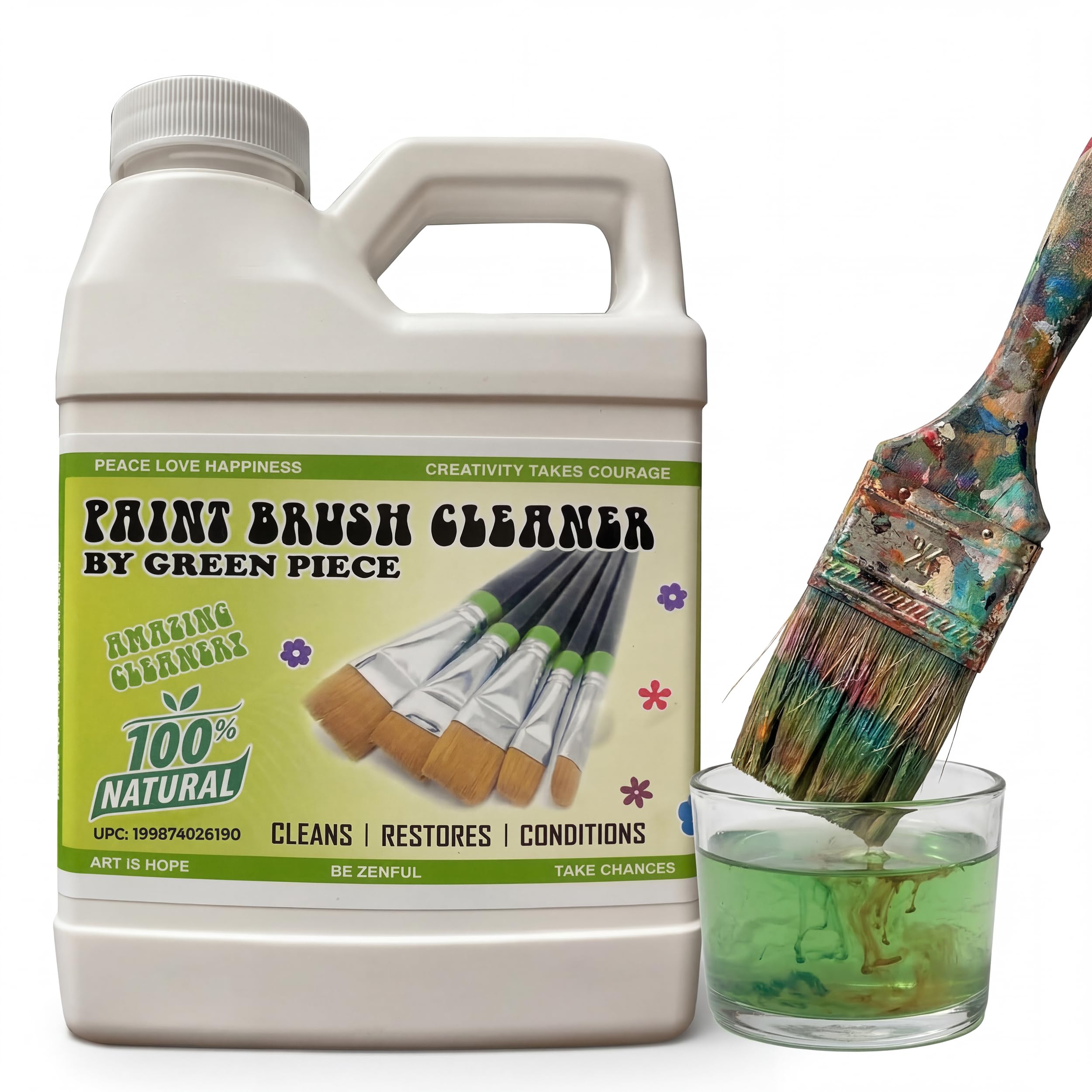 Green Piece 18oz bottle shows natural brush cleaner in action.