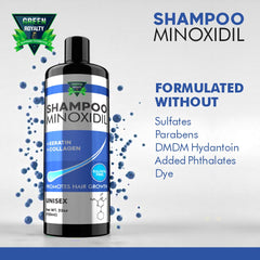 Green Royalty Minoxidil Shampoo keratin-collagen enrichment promotes smoother hair.