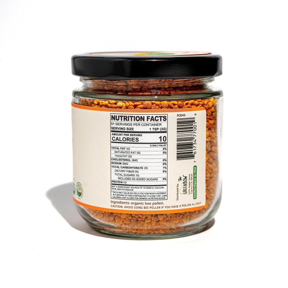 Close-up of Greenbow Bee Pollen granules showing natural texture and color.