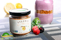Pouring Greenbow Bee Pollen over cereal for a protein-rich breakfast.