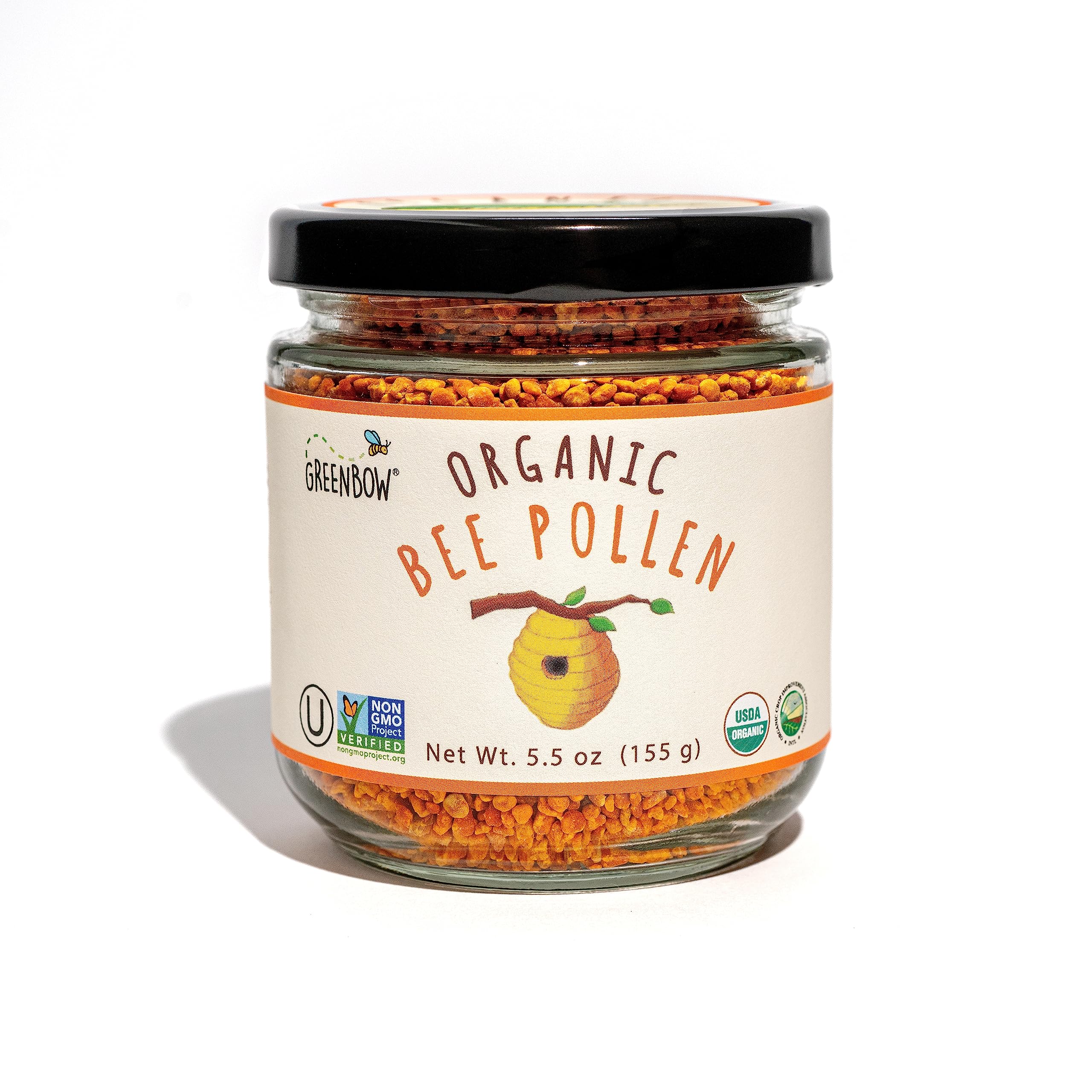 Greenbow Organic Bee Pollen bottle on a kitchen counter for daily nutrition.