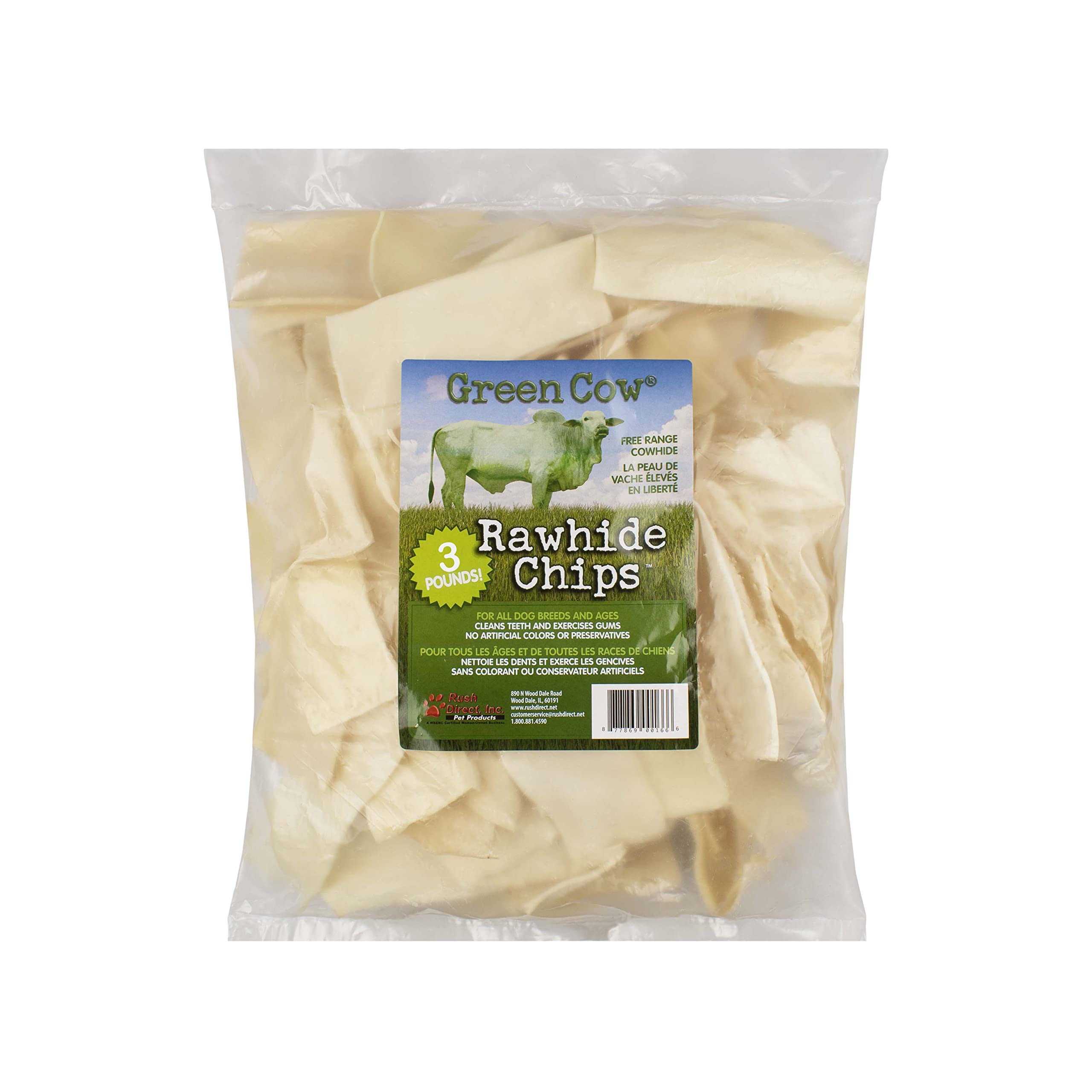 GreenCow Rawhide Chips bag front with premium long chew for large dogs.