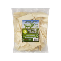 GreenCow Rawhide Chips bag front with premium long chew for large dogs.
