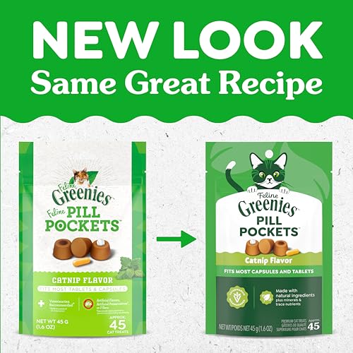 Greenies 1.6 oz pouch contains 45 catnip-flavored treats for meds.